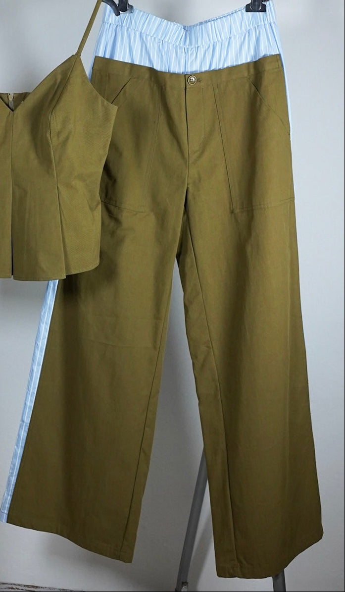 pantalone a palazzo Lumina combinato in cotone in beige e verdone