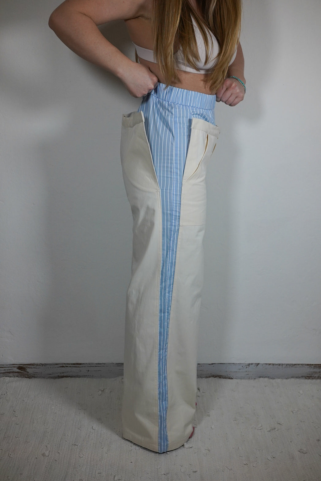 pantalone a palazzo Lumina combinato in cotone in beige e verdone