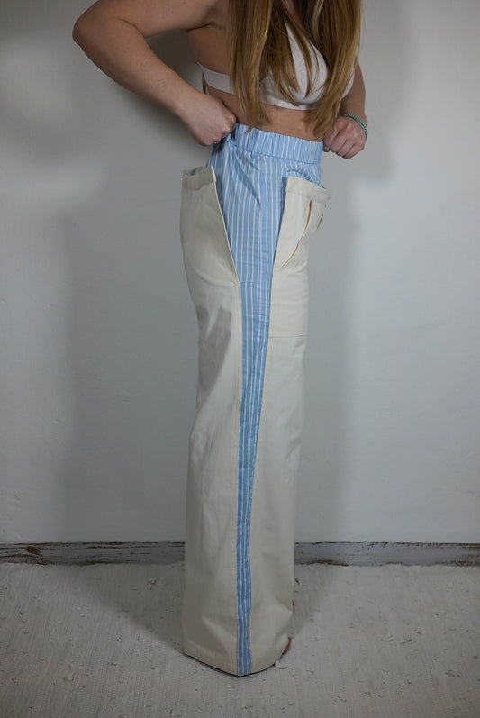 pantalone a palazzo Lumina combinato in cotone in beige e verdone